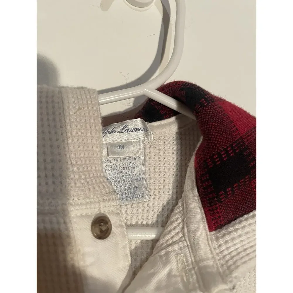 Ralph Lauren Cream‎ Waffle Jumpsuit 9 Month With Plaid Hood